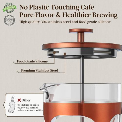 Veken French Press Coffee Maker 34oz 1 L, No Plastic Touching Cafe, Heat Resistant Thickened Borosilicate Glass, Stainless Steel Brewer, Cold Brew Cafetera Teapot for Kitchen Travel Camping, Copper
