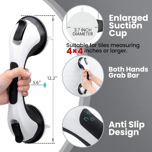 Pack of 2 Size 12 inch Shower Handles for Elderly Suction, 2 Pack 12 Inch Shower Grab Bars for Seniors, Grab Bars for Bathtubs and Showers, No Drilling Removable Safety Shower Grip, Black