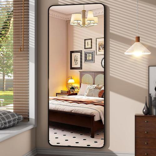 64x21 Full Length Mirror, Full Body Rounded Corner Rectangle Mirrors with Stand, Standing or Leaning Metal Framed Floor Mirror, Wall Mounted Mirrors Hang Horizontally or Vertically, Black