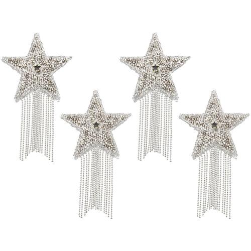 PATIKIL Star Rhinestone Patches, 4 Pcs Star Shape Iron on Applique Patches Rhinestone Applique Glitter Crystal Patches with Silver Tassel for Shoes Clothes Pants Bags, Grey
