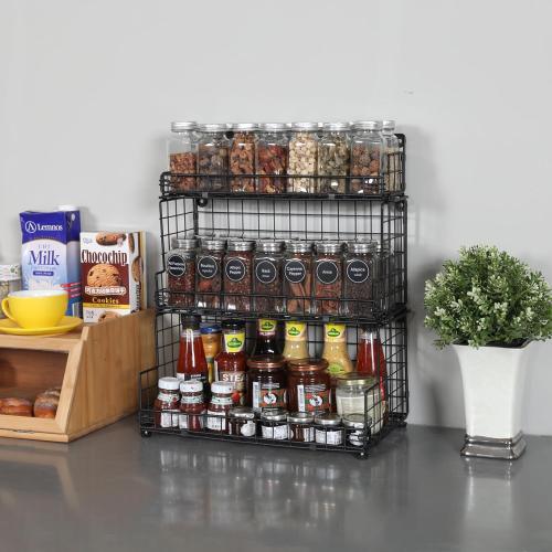 X-cosrack Stackable Wire Basket 3 Tier Countertop& Wall Mounted Metal Storage Basket for Kitchen Pantry Cabinet, Muti-functional Open Front Bin Organizer for Food Fruit Snack, Black