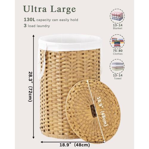 SETVSON Large Laundry Hamper Laundry Basket Round 34.3 Gal (130 L) Handwoven Wicker Laundry Baskets Rattan Laundry Basket with Laundry Bag Handles 2 Mesh Bags for Living Room Bedroom Natural