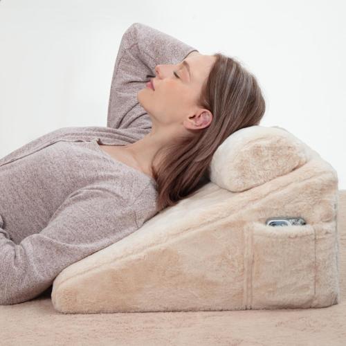 Faux Fur Wedge Pillow for Sleeping, Alleviate Acid Reflux Firm Foam Wedge Pillow Wedge for Sleep Apnea, Snoring, After Surgery Adjustable Triangle