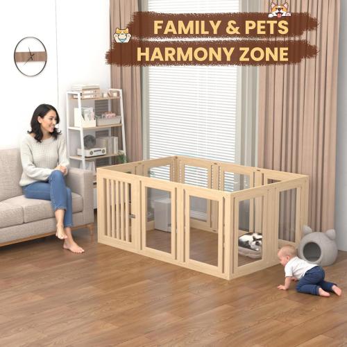 10 Panels Dog Playpen with Door, 23.6 H Pet Playpen Indoor, Clear Acrylic Puppy Playpens, Wooden Puppy Fence with Gate, Transparent Dog Pens, Pet Pen Indoor for Dogs, Cats, Rabbit (Wood)