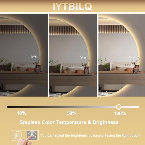 Size 32×16 Half Moon LED Mirror for Bathroom, LED Vanity Mirror with Anti-Fog, Backlit Bathroom Mirror with Lights, Irregular Round Smart Mirror with Dimmable 3-Color Lights,Tempered Glass