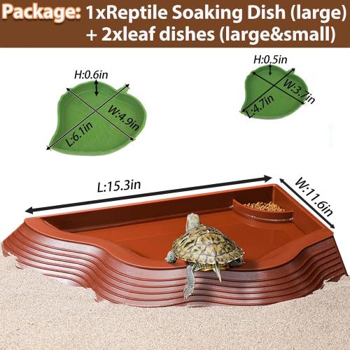 Tortoise Water Bowl with Ramp, 3PCS Leaf Reptile Food Water Bowl Turtle Pool Reptile Water Dish Tortoise Bathing Pool Turtle Soaking Dish Aquarium Habitat Accessories Large