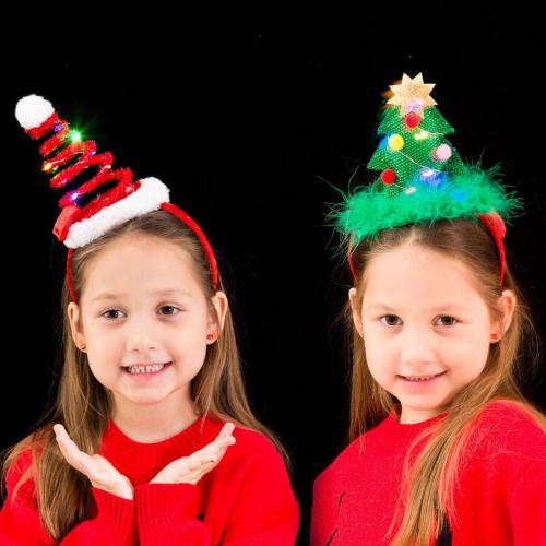 JOYIN 2 PCS Lighted Christmas Headbands with LED lights in Springy Santa Hat Tree Designs for Christmas and Holiday Parties (ONE SIZE FIT ALL)