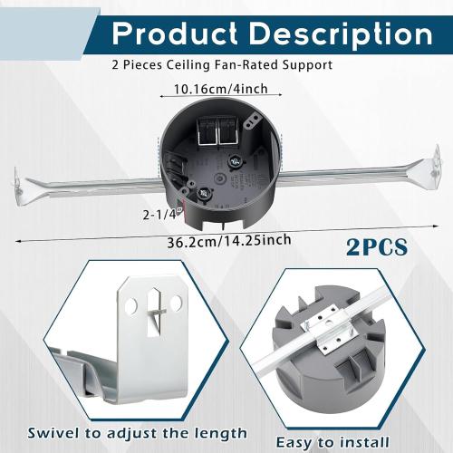 Therwen 2 Pcs Round Ceiling Electrical Box Fan Mounting Bracket, Gray