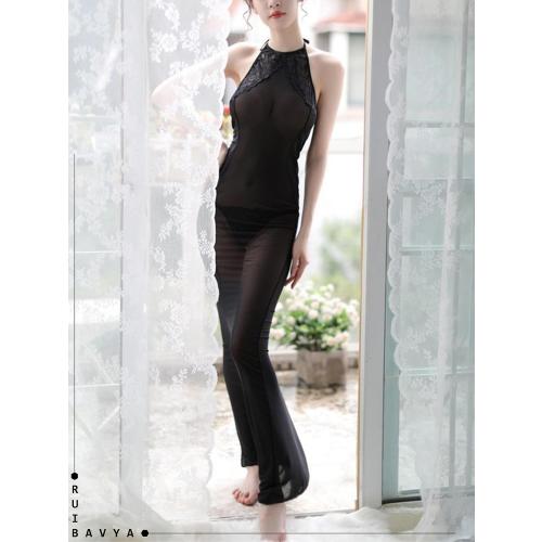 size M- Sexy Night Gowns for Women Lace Hanging Neck Lingerie Sheer Dress Long Nightgown Mesh Sleeveless Nightgowns Black