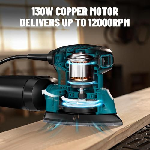 DOVAMAN DLS03A Detail Sander, 130W Palm Sander Tool, Dust Collection System, 12PCS Sandpaper, 12000RPM Compact Hand Sander for Wood Steel Surfaces