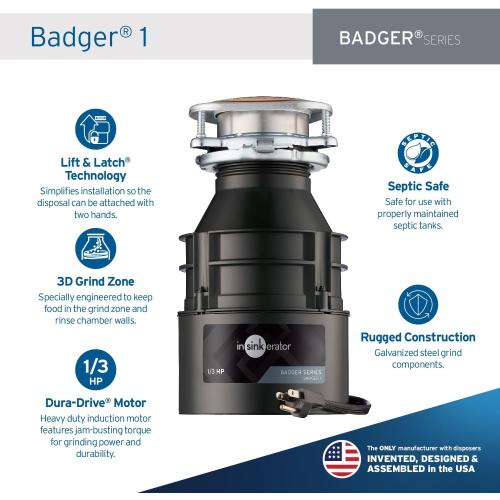 InSinkErator Garbage Disposal with Power Cord, Badger 1, Standard Series, 1/3 HP Continuous Feed, Black