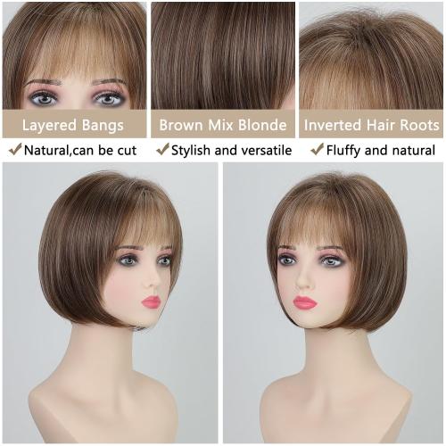 TISHINING Short Brown Mix Blonde Highlight Bob Wig with Bangs for White Women Chin Length Layered Mixed Brown Straight Bob Wig 10 Inch Synthetic Natural Looking Daily Party Wig