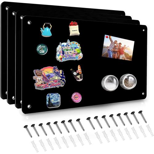 4 Pack Black Magnetic Board,17.5 x 11.4 Magnet Bulletin Board to Display Magnetic Notes, Poetry, Photos, Suitable for Wall, Refrigerator, Cabinet etc, Come with 16 Plastic Anchor Bolts and Screws
