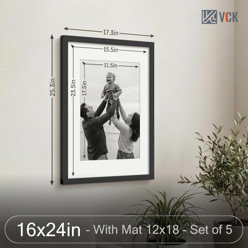 VCK 16x24 Picture Frame Black - 5 Pack, with Wood Grain Finish & Plexiglass, Displays 12x18 Photo with Mat or 16 x 24 Without, for Horizontal/Vertical Wall Hanging in Home, Office, or Gallery
