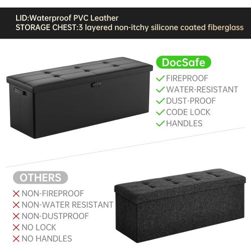 DocSafe Storage Ottoman Bench,Fireproof＆Waterproof Folding Bench with Lock(15”x 43”x15”),Leather Storage Chest with Handles＆2 Extra Boxes,Ottoman Safe for Bedroom,Living Room,Home Office,Black