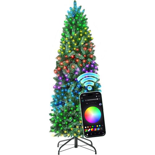 HOLLO STAR 4.5 ft Prelit Christmas Tree with 148 LED Lights, App Control, Artificial Pencil Christmas Tree with Multi-Color RGBW Lights, 330 Branch Tips, Skinny Xmas Tree, Metal Base, for Home, Party