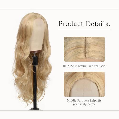 BrittyHair Blonde Long Wavy Wig for White Women 26 Inch Middle Part Curly Wig Natural Looking Heat-resistant synthetic fiber wigs for Daily Wear Cosplay and Halloween