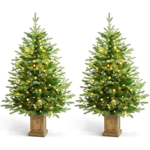 2 pack Size 4FT Christmas Tree with 100 Lights, Potted Artificial Christmas Tree Outdoor Decor 8 Mode Timer Waterproof with Real-Like Tips & Round Branches for Front Door, Porch, 2 Pack (Green) (Green)