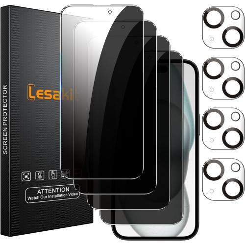 3 Pack Privacy Screen Protector for iPhone 15 Plus 6.7-Inch with 3 Pack Camera Lens Protector, Anti Spy Tempered Glass Film 9H Hardness Case Friendly