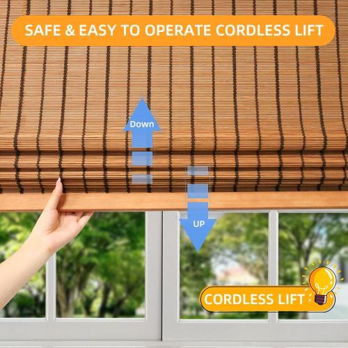 Bamboo Blinds, Shades Roman for Windows Window Home Patio & Shade 27 W X 60 H - Light Filtering Cordless Blinds for Interior Windows - Real Natural Bamboo Material - Mounting Hardware Included