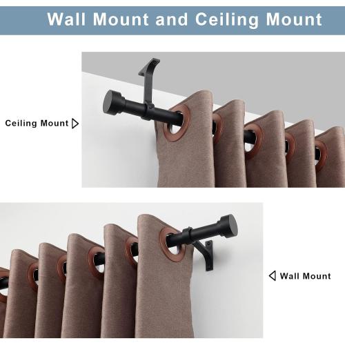 2 Pack Heavy Duty 1 Inch Diameter Single Curtain Rods 36-72” Adjustable Window Curtain Rod with Aluminum Alloy Cylindrical Cap Finials, Wall Mount and Ceiling Mount, Matte Black