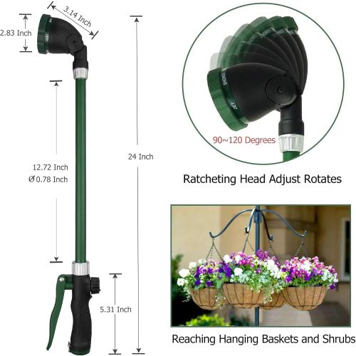 Size 24 Inch Watering Wand With Rotating Head - Heavy Duty Ergonomic Sprayer With Trigger, Adjustable Spray Garden Hose Nozzles, Hanging Basket Wand With Flow Control, No Assembly Required