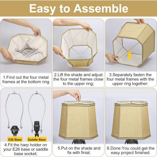 Rectangle Cut Corner Lamp Shades Set of 2, 10.5 x 10x 13 Modern Medium Gold Lampshades with Brown Rim, Included 2 Pack Lamp Harps, Suitable for E26 Base and Saddle Base, Easy Assembly Required