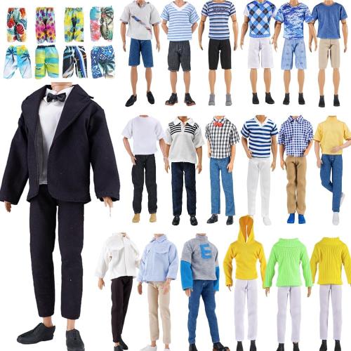 E-TING 10-Item Fantastic Pack = 1 Black-tie Suit with a Shirt Set   3 Sets of Casual Wear Clothes Outfit   1 pc Swim Trunks  5 Pairs Shoes for 12inches boy Doll Random Style