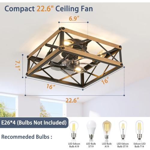 Caged Ceiling Fan with Lights, Farmhouse Rustic Square Flush Mount Ceiling Fan with Light and Remote, Reversible 7 Speeds Motor, Small Bladeless Ceiling Fans for Living Room, Bedroom, Kitchen
