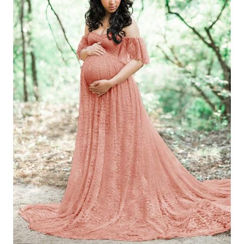 Size L Maternity Photography Props Floral Lace Dress Fancy Pregnancy Gown for Baby Shower Photo Shoot