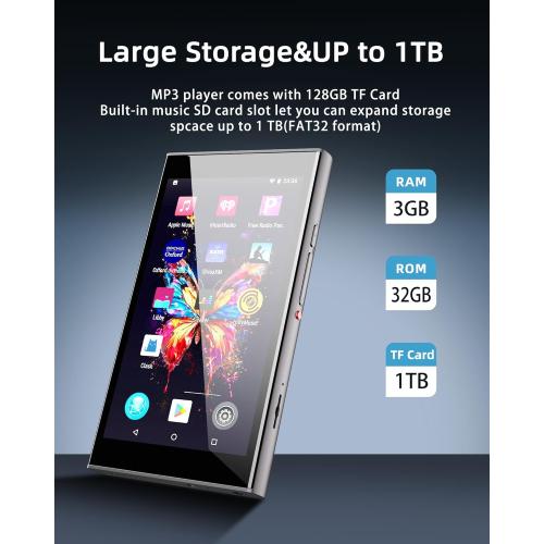 160GB MP3 Player with Bluetooth and WiFi, 5 IPS Screen Android Music Player with Play Store, Spotify, Pandora, Amazon Music, MP3 & MP4 for Kids with Libby, Audible, FM, Voice Recorder, Up to 1TB