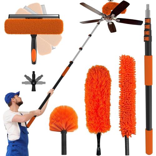 Buyplus 26FT Reach Dusting Kit, Long Duster with 5-20FT Extension Pole for High Ceilings, Cobweb Duster, Microfiber Duster, Window Squeegee, Extendable Duster Cleaning Kit