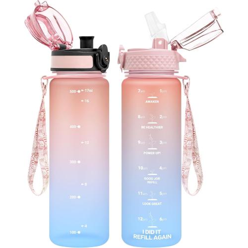 OLDLEY Kids Water Bottle for School, 17 oz (2 lids) BPA-Free Reusable Leak-proof Durable Tritan Plastic Water Bottles with Straw & Chug Lids, Anti-dust Spout Cover (Pink Blue)