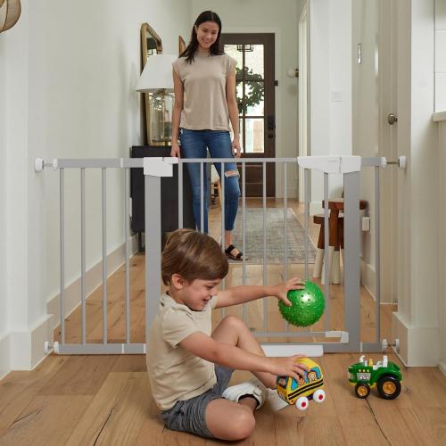 Cumbor 29.7-46 Baby Gate for Stairs, Auto Close & Dual Lock Dog Gate for the House, Mom's Choice Awards Winner-Pressure Mounted Pet Gates for Doorways & Hallways, Walk-Through Child Gate Indoor, Gray