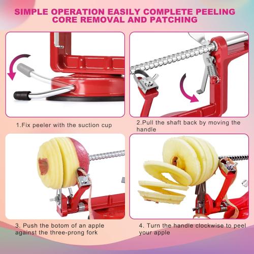 Apple Peeler, Slicer Corer Potato Peelers 3 In 1, Stainless Steel Heavy Duty with Suction Cup Base And 3 Extra Blades (Red)