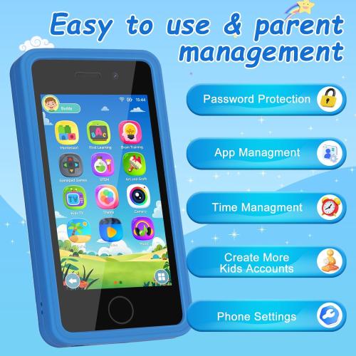 3.97 Touchscreen Kids Toys Smart Phone, Kids Phone with Games & Dual Camera, Toddler Toys Phone, Boys and Girls Learning Toy Phone for 3-9 Years Old (Blue)