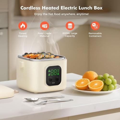 Cordless Electric Lunch Box for Adults & Kids - 14000mAh Battery Powered, Self Heating Food Warmer with Type-C Rechargeable, 27oz/800ml Portable Heated Lunch Box for Office, School, Camping
