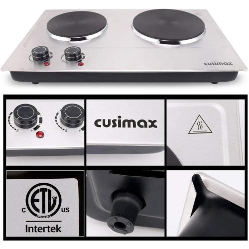 CUSIMAX 1800W Double Hot Plate, Stainless Steel Silver Countertop Burner Portable Electric Double Burners Electric Cast Iron Hot Plates Cooktop, Easy to Clean, Upgraded Version C180N