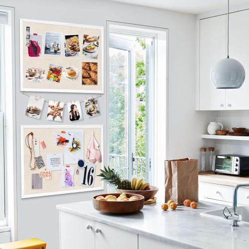 Emfogo Large Bulletin Board 23x18inch with Linen Rope Cork Boards Wall Decor Picture Framed Display Board Hanging Pin Board Vision Board Bulletin Cork Board for School Office Room Home Vintage White