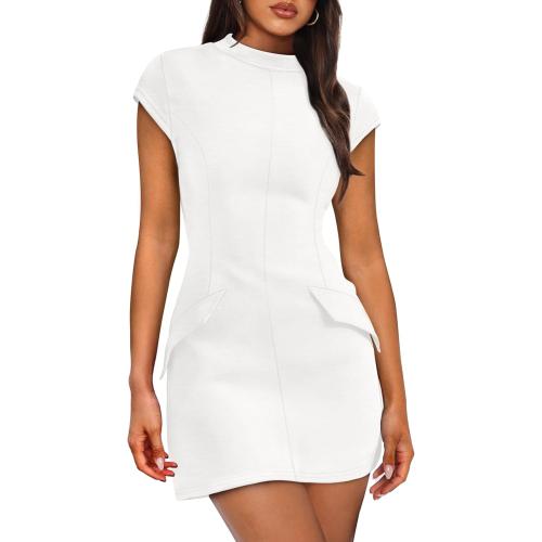 Size XS OFEEFAN Womens Summer Dress Mock Neck Short Sleeve Bodycon Party Club Mini Dresses