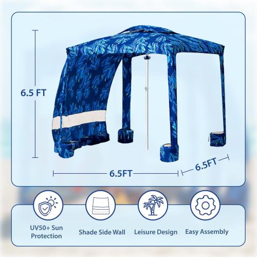 AMMSUN Beach Cabana, 6.5'×6.5' Beach Canopy, Easy Set up and Take Down, Cabana Tent with Sand Pockets, Instant Sun Shade with Side Wall, Coral Tropical