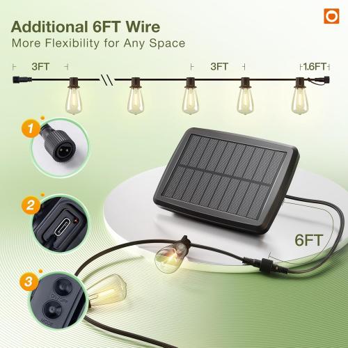 addlon Size  54(48 6) FT Solar String Lights Waterproof,Patio Lights Solar Powered with Remote & USB Port 15 1 LED Shatterproof Bulbs 3 Light Modes, Dimmable Solar Light for Camping Backyard Garden