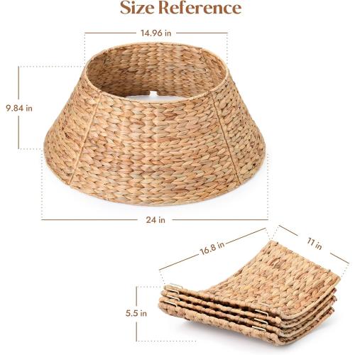 YANGQIHOME 24in Christmas Tree Collar, Rattan Tree Skirt, Woven Water Hyacinth Tree Base Cover for Home Decoration with Cord Cut-Out