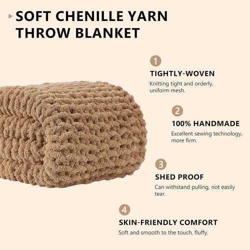 L'AGRATY Chunky Knit Blanket Throw: 50''x60'' Chenille Chunky Knitted Throw Blanket for Bed Couch - Handmade Thick Big Cable Knit Blanket - Large Crochet Rope Blanket for Home Decor(Tan)