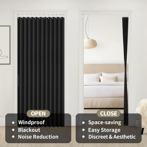 RINHARTEX Blackout Accordion Style Magnetic Door Curtain for Closet Pleated Folding Doorway Curtain Accordion Door Interior Room Divider Bedroom Bathroom Living Room(52 * 78,Black)