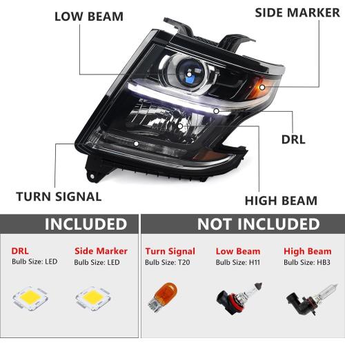 FIONE L&R Headlights Compatible with Chevy Tahoe/Suburban 2015-2020 LED DRL Halogen Headlamp Black Housing W/O Bulbs Headlamp Left Right Side