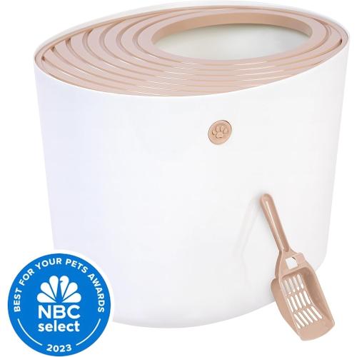 IRIS USA Cat Litter Box, Large Top Entry with Litter Catching Lid and Scoop, Dog Proof, Cat Box Enclosure, Beige/White