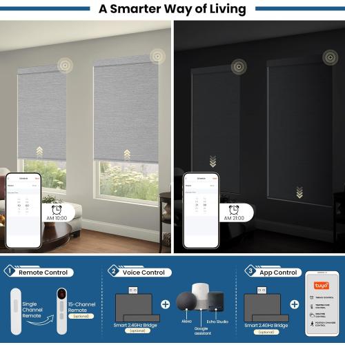 No Drill Motorized Blinds with Remote, Blackout Automatic Blinds with Solar Panel, Cordless Smart Electric Roller Shades for Windows, Grey, 34½ x 72