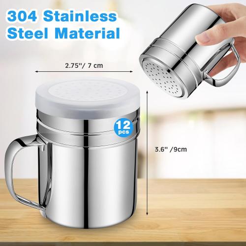 Lallisa 12 Pcs 10 oz Stainless Steel Spice Shakers with Holes and Lids Dredge Shakers with Handle Versatile Salt Shaker for Sugar Pepper Seasoning Flour Popcorn Cinnamon Powder Container Accessories