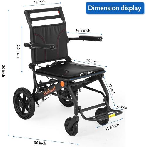 Portable Aluminum Transport Wheelchair with Handbrake, 11 Rear Wheels, Ultralight Folding Travel Wheelchair for Adults, Black (Seat Width:17.75)